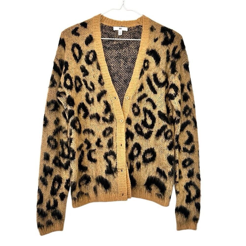 BP. Leopard Print V-Neck Knitted Cardigan Sweater Beige Black Size XS